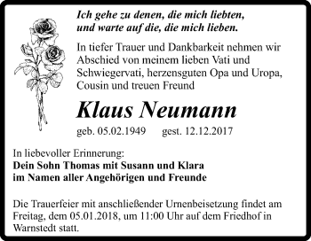 Traueranzeige von Klaus Neumann von Mitteldeutsche Zeitung Quedlinburg