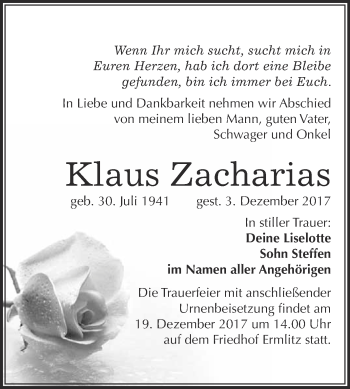 Traueranzeige von Klaus Zacharias von Super Sonntag Merseburg