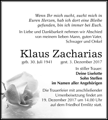 Traueranzeige von Klaus Zacharias von Mitteldeutsche Zeitung Merseburg/Querfurt