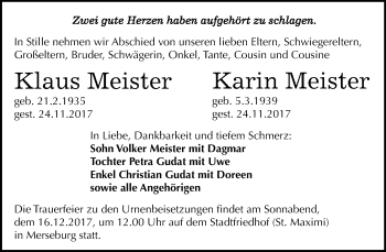 Traueranzeige von Klaus und Karin Meister von Mitteldeutsche Zeitung