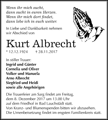 Traueranzeige von Kurt Albrecht von WVG - Wochenspiegel Merseburg