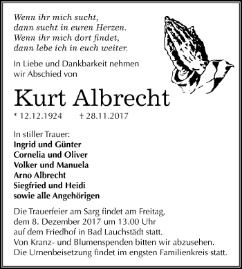 Traueranzeige von Kurt Albrecht von Mitteldeutsche Zeitung