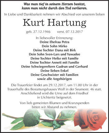 Traueranzeige von Kurt Hartung von WVG - Wochenspiegel NMB / WSF / ZTZ
