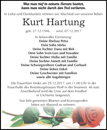 Traueranzeige von Kurt Hartung von Mitteldeutsche Zeitung Weißenfels