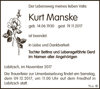 Traueranzeige von Kurt Manske von WVG - Wochenspiegel NMB / WSF / ZTZ