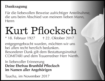 Traueranzeige von Kurt Pflocksch von WVG - Wochenspiegel NMB / WSF / ZTZ