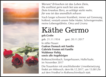 Traueranzeige von Käthe Germo von Wochenspiegel Mansfelder Land