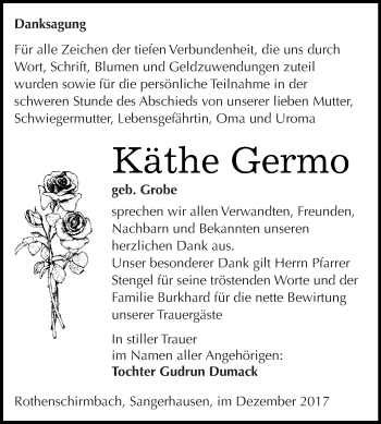 Traueranzeige von Käthe Germo von Wochenspiegel Mansfelder Land
