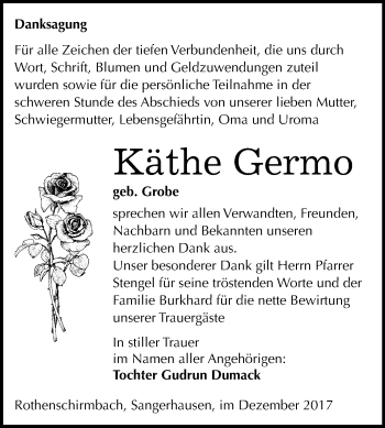 Traueranzeige von Käthe Germo von Mitteldeutsche Zeitung