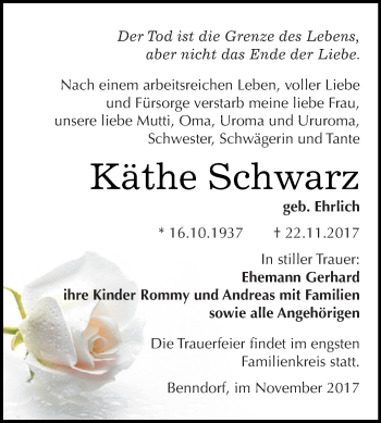 Traueranzeige von Käthe Schwarz von Wochenspiegel Mansfelder Land