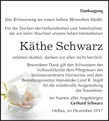 Traueranzeige von Käthe Schwarz von Mitteldeutsche Zeitung