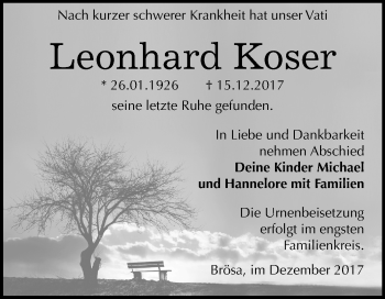 Traueranzeige von Leonhard Koser von Mitteldeutsche Zeitung Bitterfeld