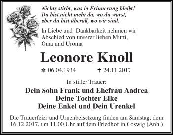 Traueranzeige von Leonore Knoll von WVG - Wochenspiegel Dessau / Köthen