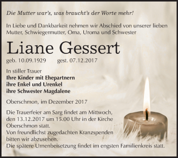 Traueranzeige von Liane Gessert von Mitteldeutsche Zeitung Merseburg/Querfurt