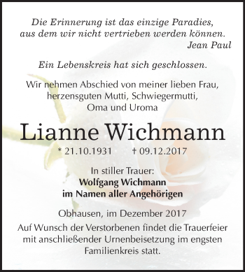 Traueranzeige von Lianne Wichmann von Mitteldeutsche Zeitung Merseburg/Querfurt