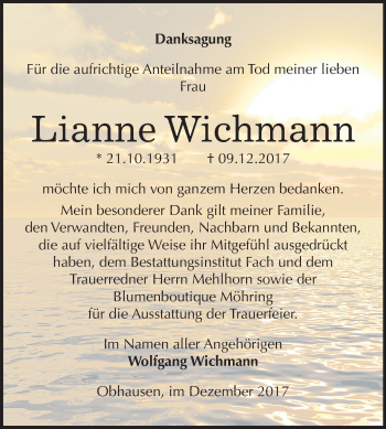 Traueranzeige von Lianne Wichmann von Mitteldeutsche Zeitung Merseburg/Querfurt