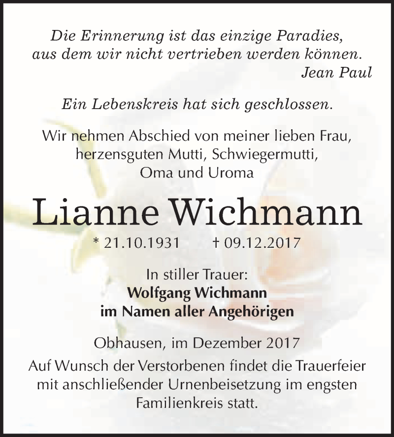  Traueranzeige für Lianne Wichmann vom 16.12.2017 aus WVG - Wochenspiegel Merseburg