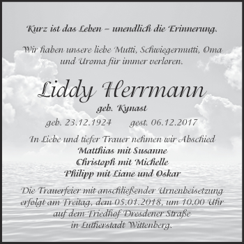Traueranzeige von Liddy Herrmann von WVG - Wochenspiegel Wittenberg