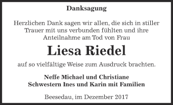 Traueranzeige von Liesa Riedel von Super Sonntag Bernburg