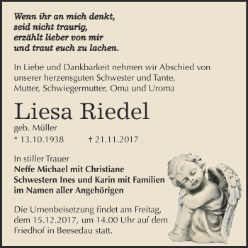 Traueranzeige von Liesa Riedel von Super Sonntag Bernburg