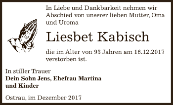 Traueranzeige von Liesbet Kabisch von Super Sonntag Zeitz