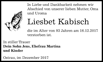 Traueranzeige von Liesbet Kabisch von Mitteldeutsche Zeitung Zeitz