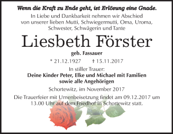 Traueranzeige von Liesbeth Förster von Mitteldeutsche Zeitung Köthen