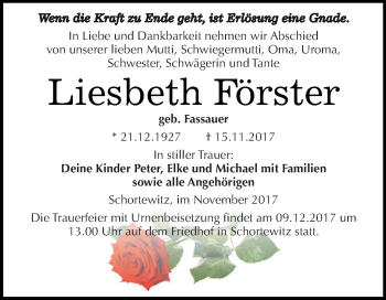 Traueranzeige von Liesbeth Förster von WVG - Wochenspiegel Dessau / Köthen