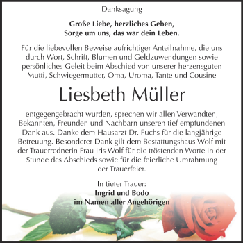 Traueranzeige von Liesbeth Müller von WVG - Wochenspiegel NMB / WSF / ZTZ