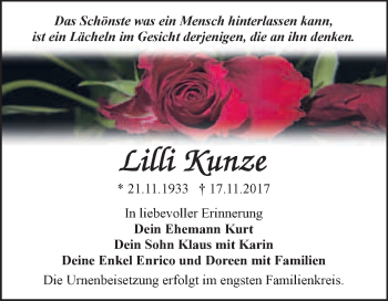 Traueranzeige von Lilli Kunze von WVG - Wochenspiegel Bitterfeld