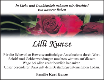 Traueranzeige von Lilli Kunze von WVG - Wochenspiegel Bitterfeld