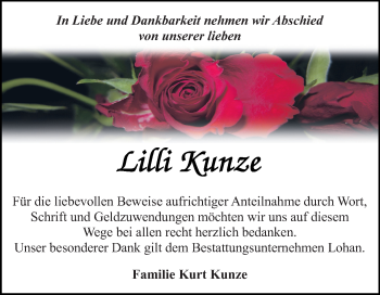 Traueranzeige von Lilli Kunze von Mitteldeutsche Zeitung Bitterfeld