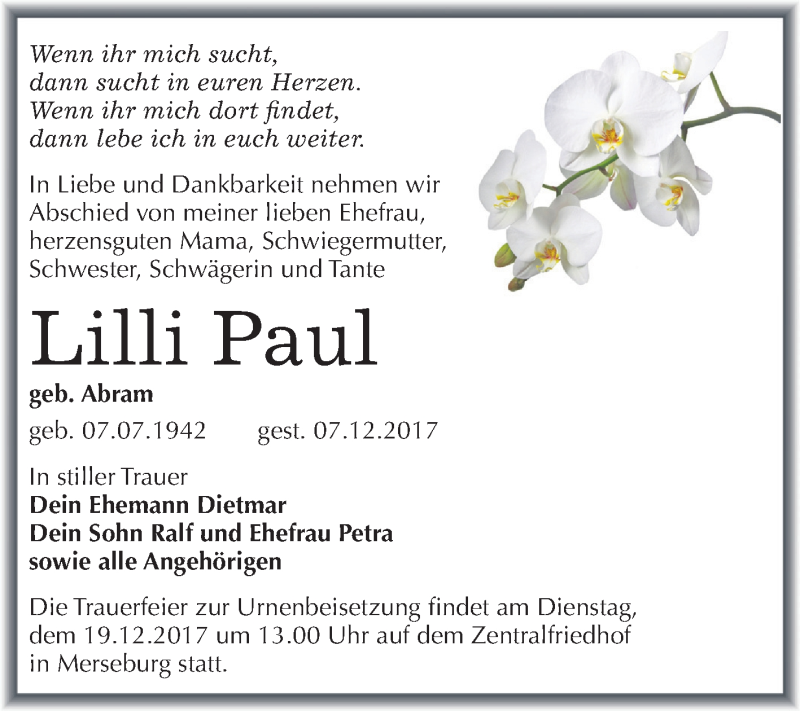  Traueranzeige für Lilli Paul vom 16.12.2017 aus Mitteldeutsche Zeitung