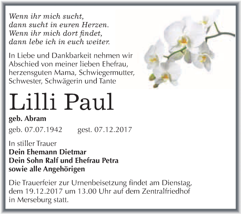  Traueranzeige für Lilli Paul vom 16.12.2017 aus WVG - Wochenspiegel Merseburg