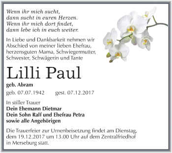 Traueranzeige von Lilli Paul von Mitteldeutsche Zeitung