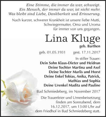 Traueranzeige von Lina Kluge von WVG - Wochenspiegel Wittenberg