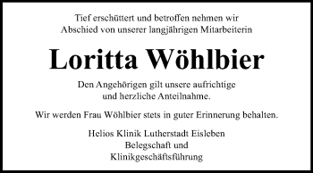 Traueranzeige von Loritta Wöhlbier von Mitteldeutsche Zeitung