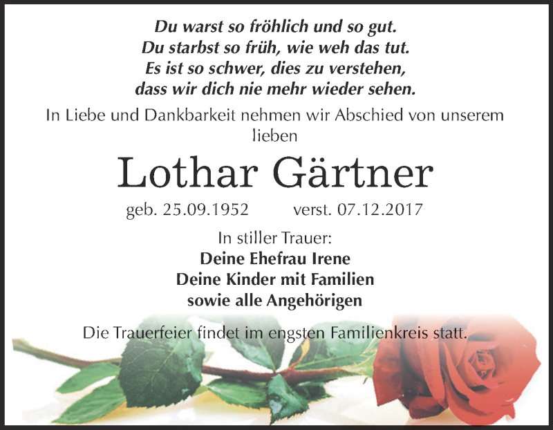 Traueranzeigen von Lothar Gärtner www.abschiednehmen.de