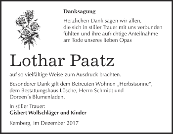 Traueranzeige von Lothar Paatz von WVG - Wochenspiegel Wittenberg