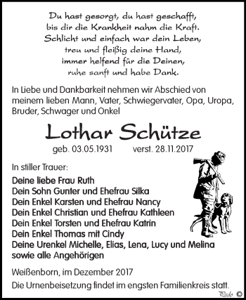 Traueranzeige von Lothar Schütze von Super Sonntag Zeitz