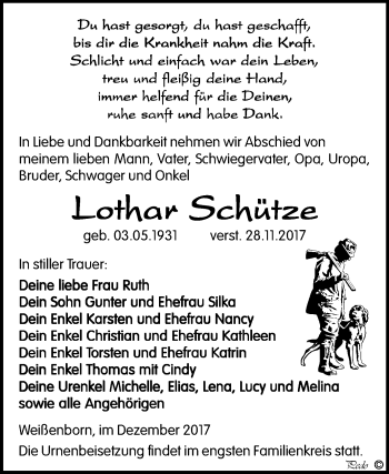Traueranzeige von Lothar Schütze von Mitteldeutsche Zeitung Zeitz