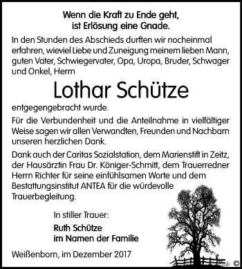 Traueranzeige von Lothar Schütze von Mitteldeutsche Zeitung Zeitz