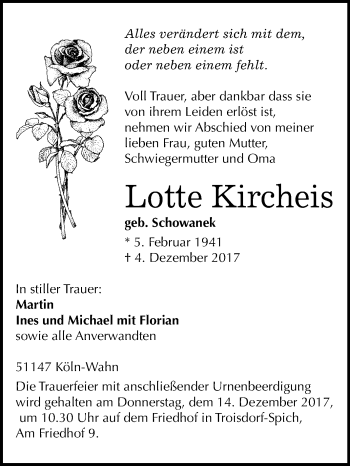 Traueranzeige von Lotte Kircheis von Mitteldeutsche Zeitung Halle/Saalkreis