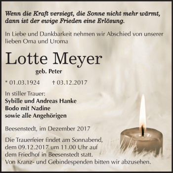 Traueranzeige von Lotte Meyer von Mitteldeutsche Zeitung Halle/Saalkreis