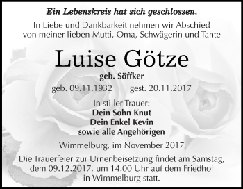 Traueranzeige von Luise Götze von Super Sonntag SGH Mansf. Land