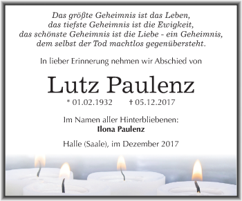 Traueranzeige von Lutz Paulenz von Mitteldeutsche Zeitung Halle/Saalkreis