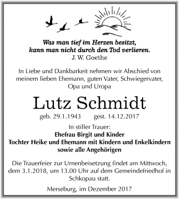 Traueranzeige von Lutz Schmidt von Mitteldeutsche Zeitung Merseburg/Querfurt