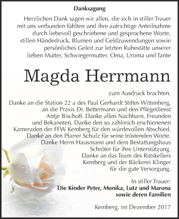 Traueranzeige von Magda Herrmann von WVG - Wochenspiegel Bitterfeld