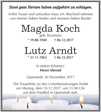 Traueranzeige von Magda Koch und Lutz Arndt  von Mitteldeutsche Zeitung