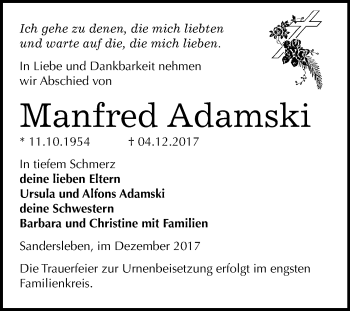 Traueranzeige von Manfred Adamski von Mitteldeutsche Zeitung